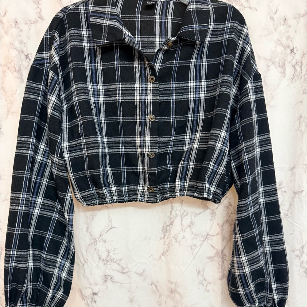 SHEIN Black Plaid Shirt with White and Blue Stripes